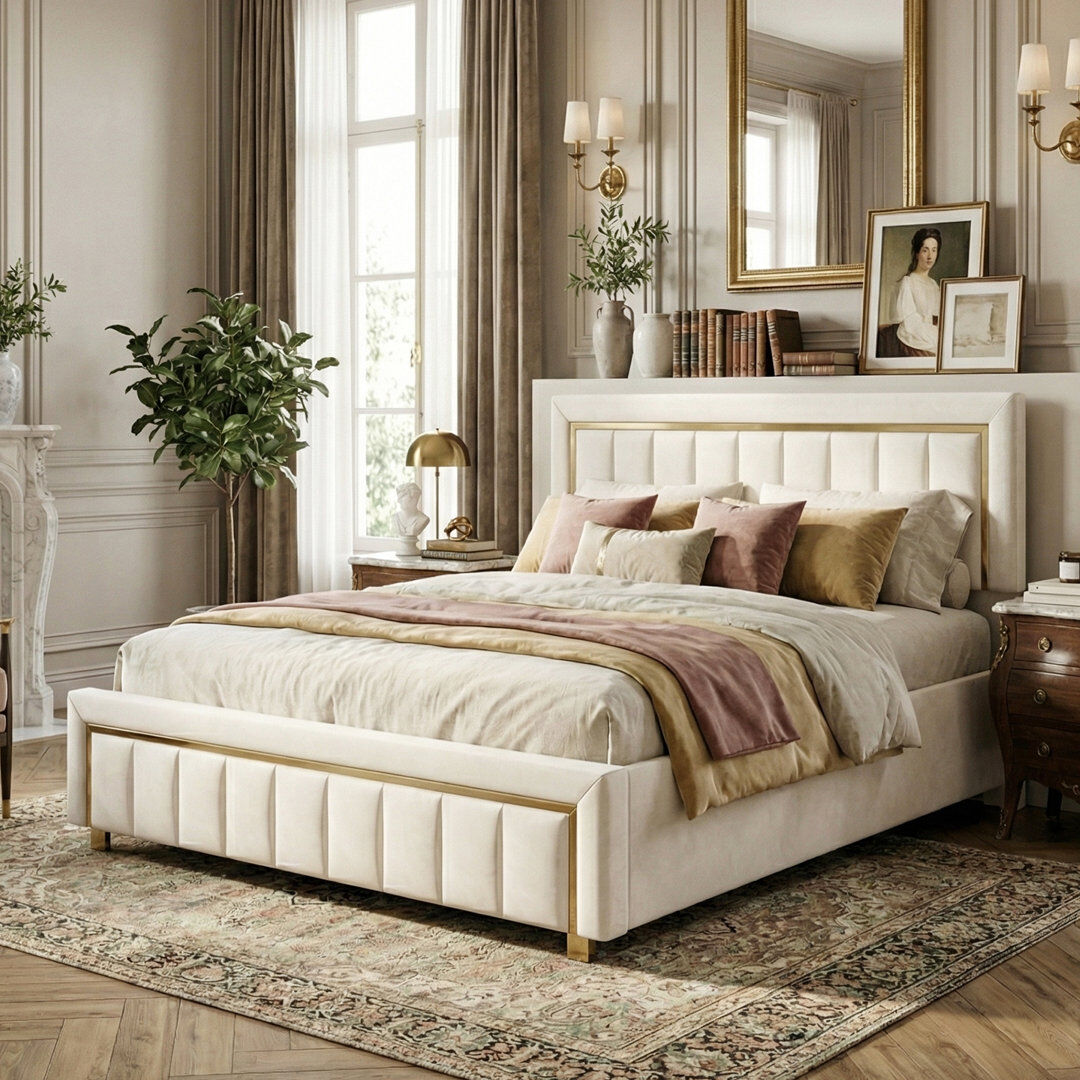 Ivy Bronx UK & EU Velvet Ottoman Bed with Fluted Gold-Trim Headboard, Luxury Gas-Lift Storage Bed, Beige/Black Beige Double (4'6)