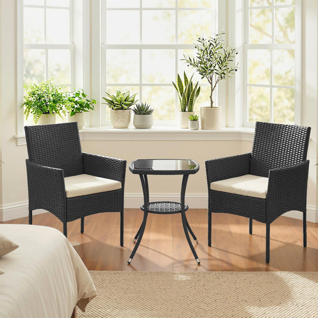 17 Stories Outsunny 3 Piece Rattan Bistro Set, PE Wicker Conversation Set Cream White Cushion/Black Frame 2