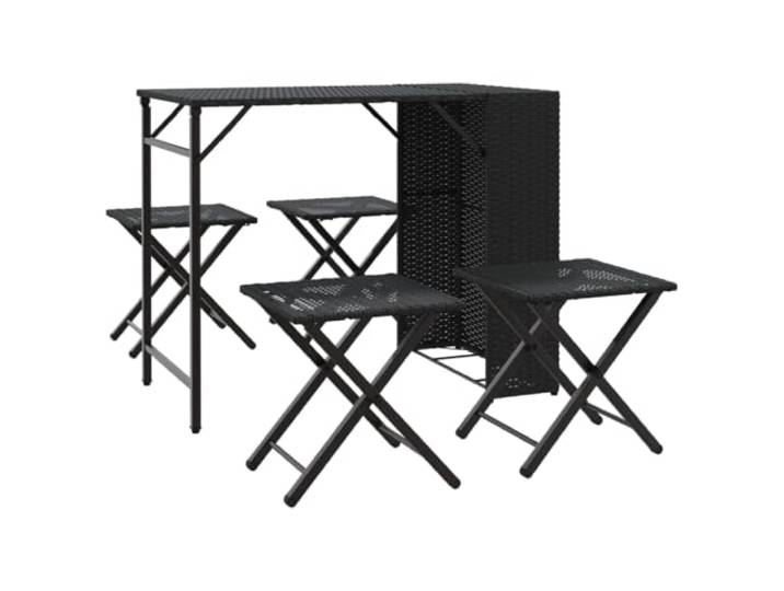 PUGYNBK Garten-Esszimmer-Set, klappbar, 5-teilig, PE-Rattan, Schwarz Pulverbeschichtetes Stahlgestell, kompakte Aufbewahrung, Hocker für Tisch, Camping und Terrasse