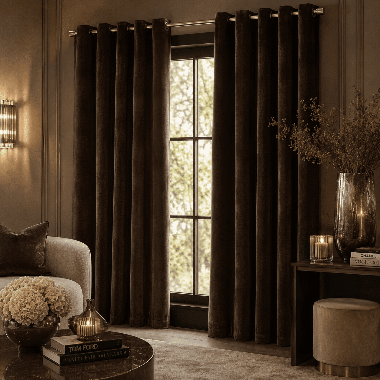Elowise Brown Heavy Chenille Eyelet Curtain Pair, 229 x 183cm