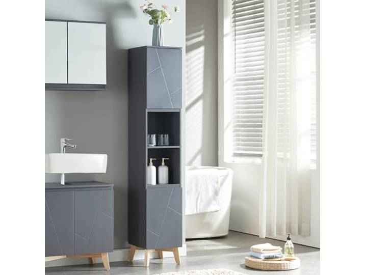 [en.casa] Hochschrank Overath Badezimmerschrank schmaler Badschrank mit 4 Fächern Beistellschrank Badregal mit 2 Türen 160x30x30cm Grau
