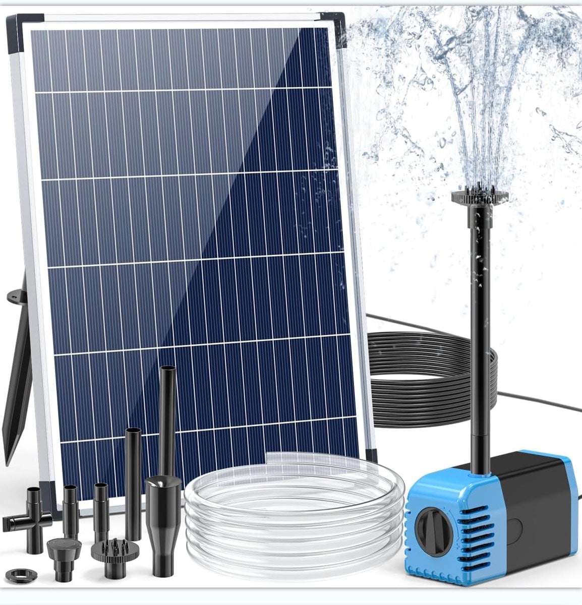 OEMG Zonnepomp voor tuinvijver tot 700 liter, 12 W, 605 l/u, Fontein op zonne-energie met sproeiers, zwart/blauw