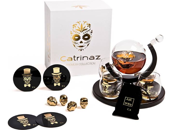 Catrinaz® Whiskey Karaf – Luxe Whiskey Set – Skull Karaf\, 4 Whiskey Glazen\, 4 Gouden Whiskey Stenen – Giftbox