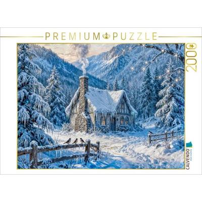 CALVENDO Puzzle Winter Cottage im Bergwald mit Zaun und Waldvögeln | 2000 Teile Lege-Größe 90x67cm Foto-Puzzle für glückliche Stunden