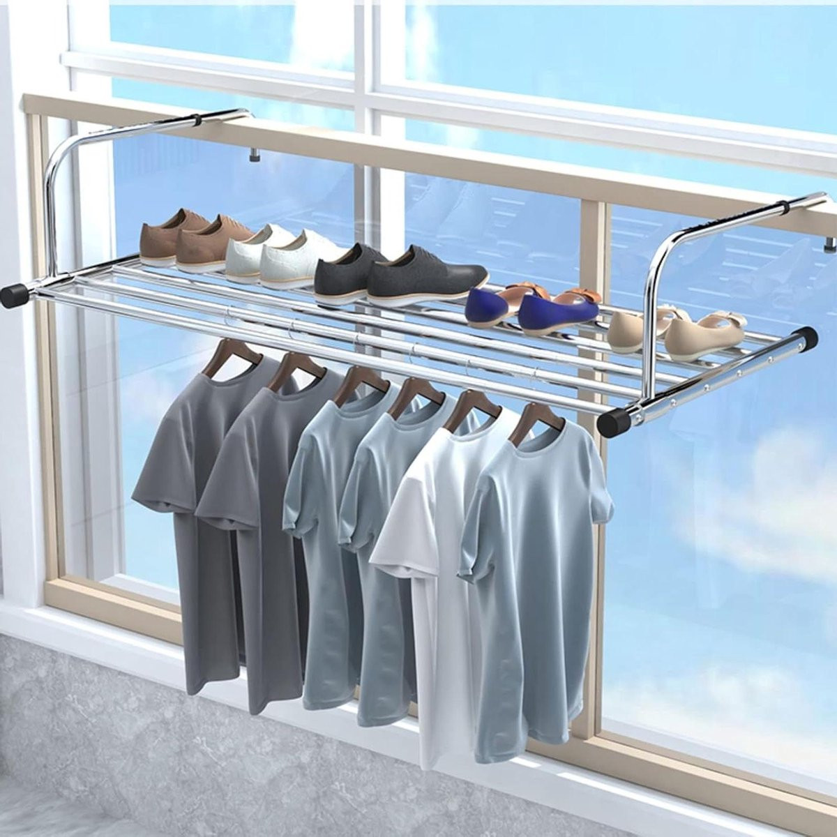 Opvouwbaar kledingrek voor balkon en badkamer, intrekbaar ontwerp, 68-120 cm, zilver