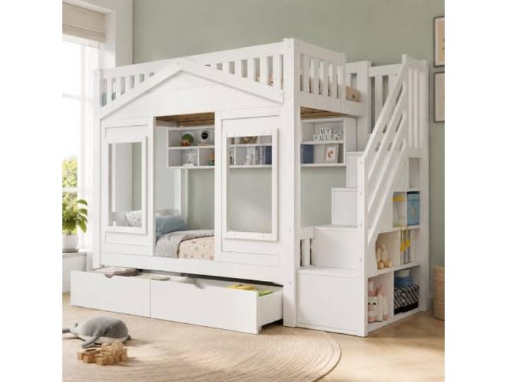 Merax Etagenbett Hausbett 90x200 cm mit Stauraumtreppe, Schublade, Fenster – Weiß (Ohne Matratze)