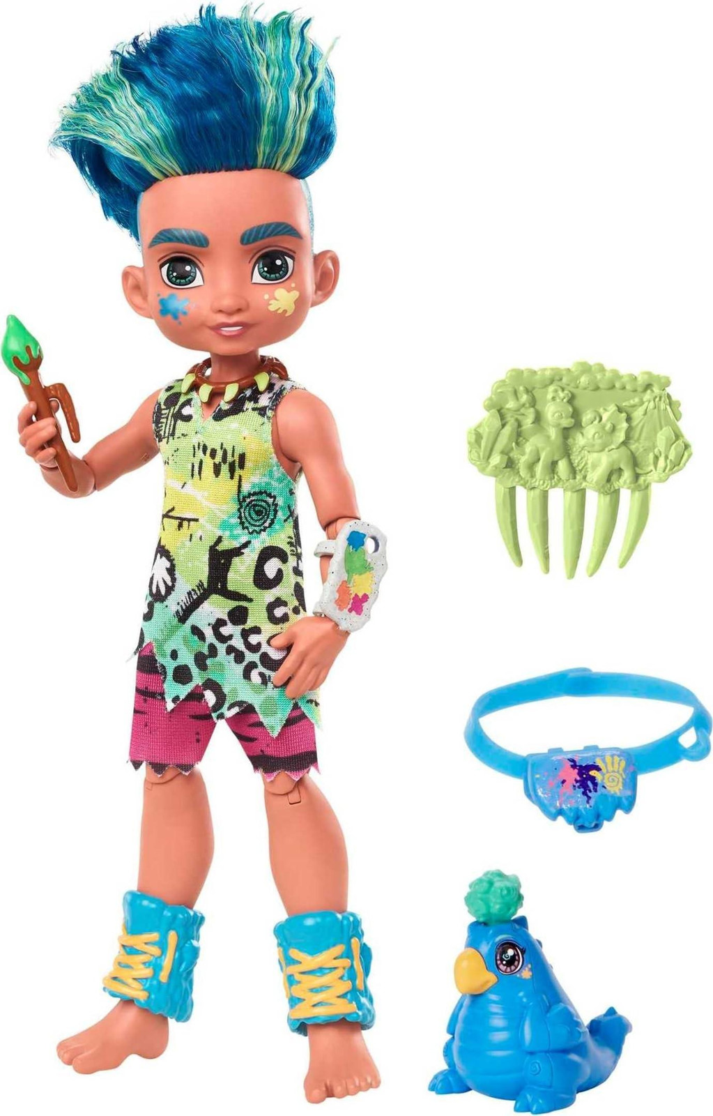 Cave Club Slate Poppen met prehistorische mode, accessoires en dinosaurus vriend