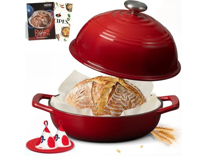Overmont Gusseisen Topf Emaille Brotbacktopf - 5.7L Bräter Schmortopf mit Deckel und Kochbuch – für Küche Backen Schmoren Braten - Rot