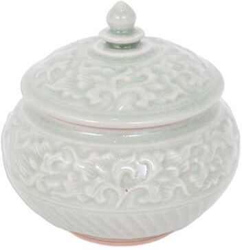 Novica Handmade Green Celadon Ceramic Decorative Jar