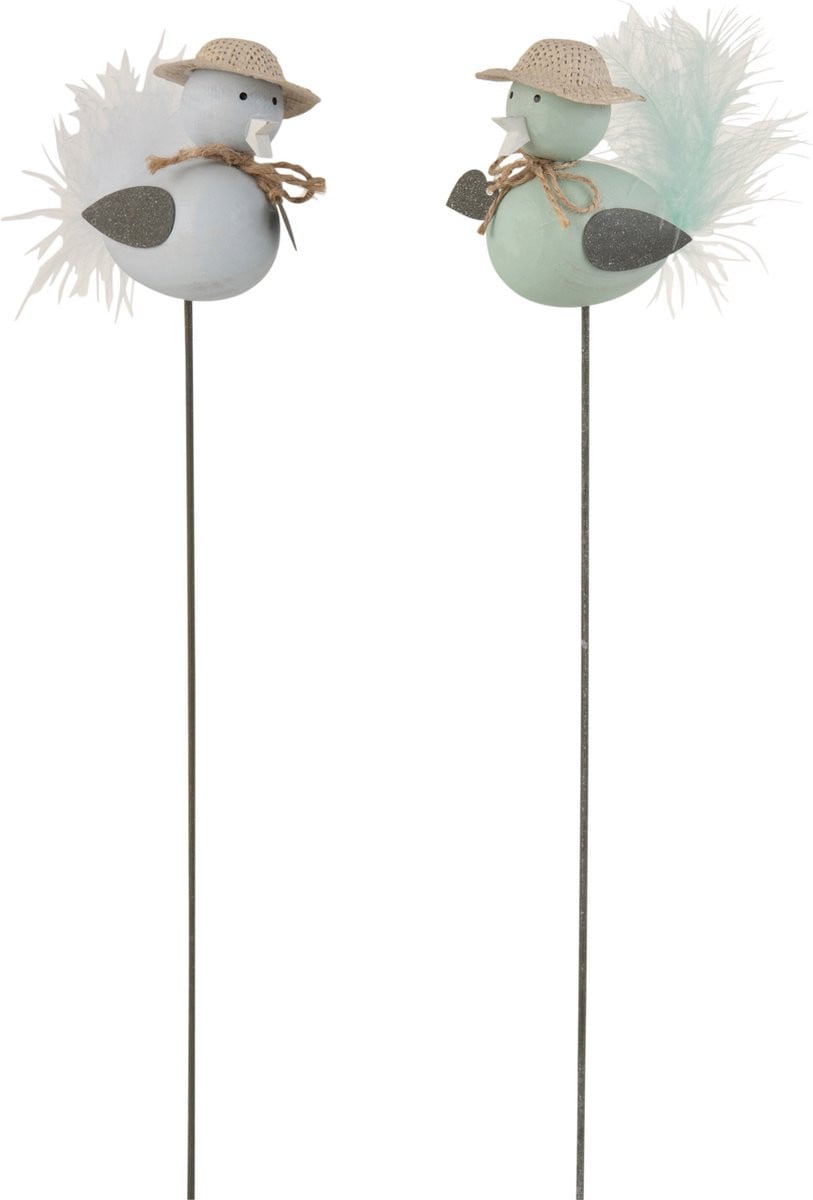 J-Line Vogel op Stok decoratie voor op tafel - blauw - 2 stuks