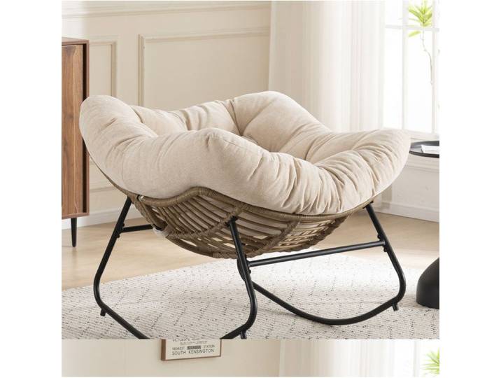 COVREO Fauteuil à bascule papasan en chenille beige assise rembourrée structure métallique et base tressée