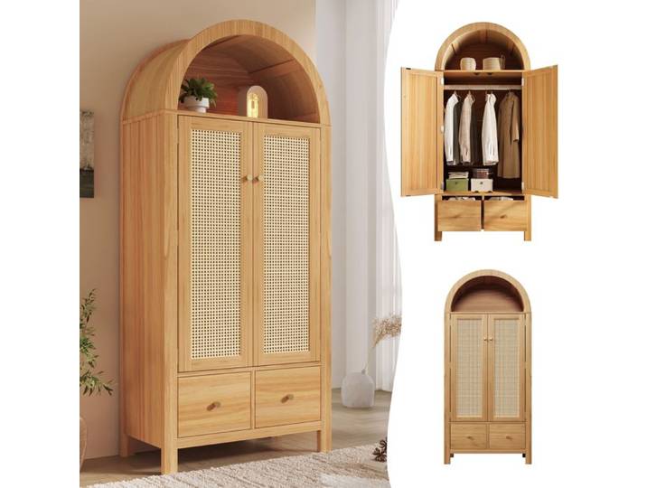Armoire Chambre Adulte en Bois avec Rotin Tressé Armoire de Rangement avec Penderie Armoire 2 Portes avec 2 Tiroirs Chêne