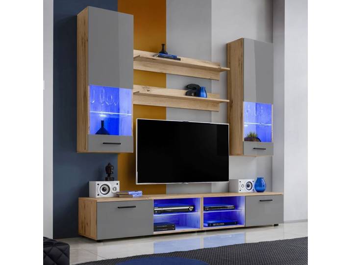 Meuble TV Mural Vida Extreme Furniture - LED bleues - Gris Brillant & Bois naturel - Façades en Brillant - L200cmxH195cmxP45cm