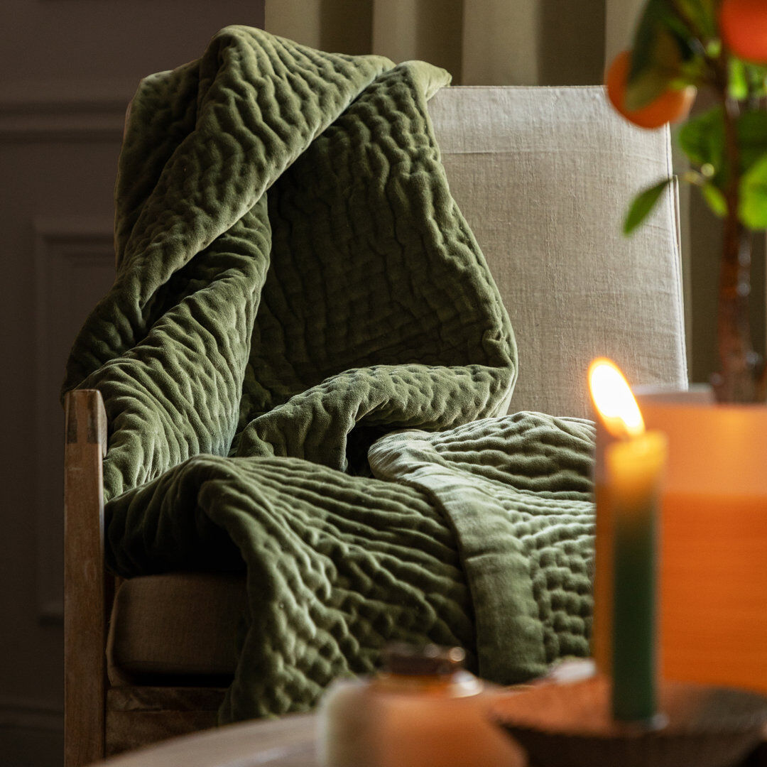 Voyage Maison Haze Quilted Throw Blanket Dark Green 140cm W X 220cm L