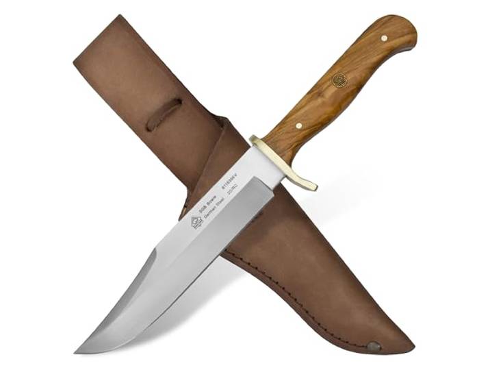 Puma SGB – Bowie Messer - Griff aus echtem Olivenholz - 169mm Klinge aus deutschem Stahl 1.4116 - Vollerl-Konstruktion mit massiven Messingbeschlägen - Inklusive Lederscheide (Art.Nr.: 6116396V)