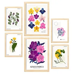 POSTER Set Mit 6 Blumen Chromatische Skala Natur Und Botanikdrucke Für Innenarchitektur A3 & A4 Rahmen Aus Hellem Holz