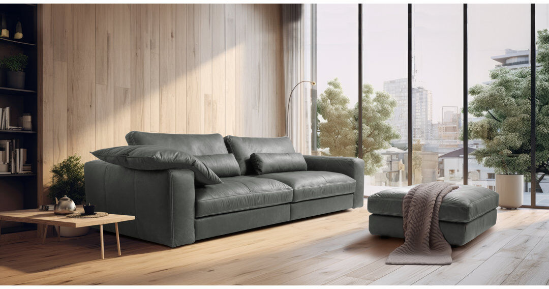 Ebern Designs Parven 4 Seater Genuine Aniline Leather Big Sofa Grey 85cm H X 300cm W X 123cm D