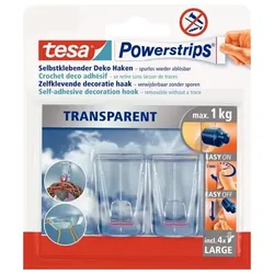 Tesa Powerstrips® TRANSPARENT Deco-Haken LARGE, für max. 1 kg, Packung mit 2 Haken