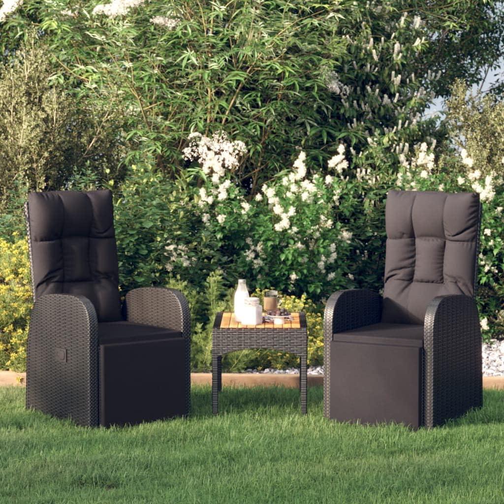 2 verstellbare Gartensessel mit Kissen, schwarz, aus Poly-Rattan, wetterfest, mit Arm- und Rückenlehnen für Balkon und Terrasse