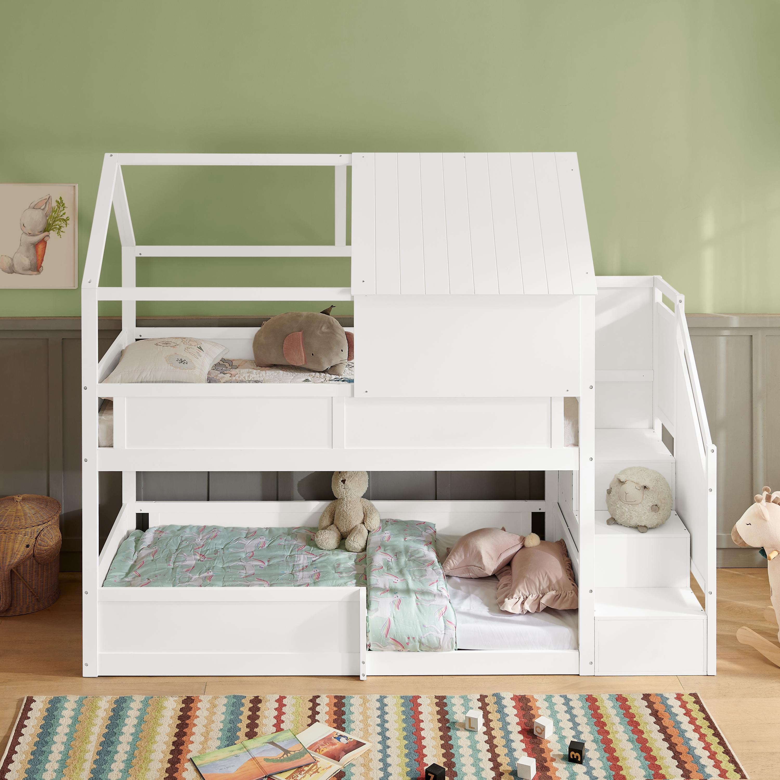 okwish Etagenbett 80×200 mit Stufen und Sicherheitsgeländern , Kinderbett Hausdach-Design, Doppelbett in Weiß,ohne Matratze