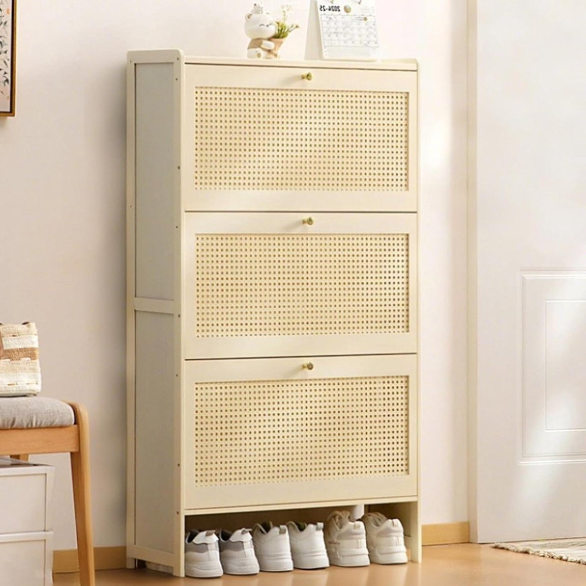 Wit houten schoenenkast met opklapbare lades, Hoogte: 120 cm