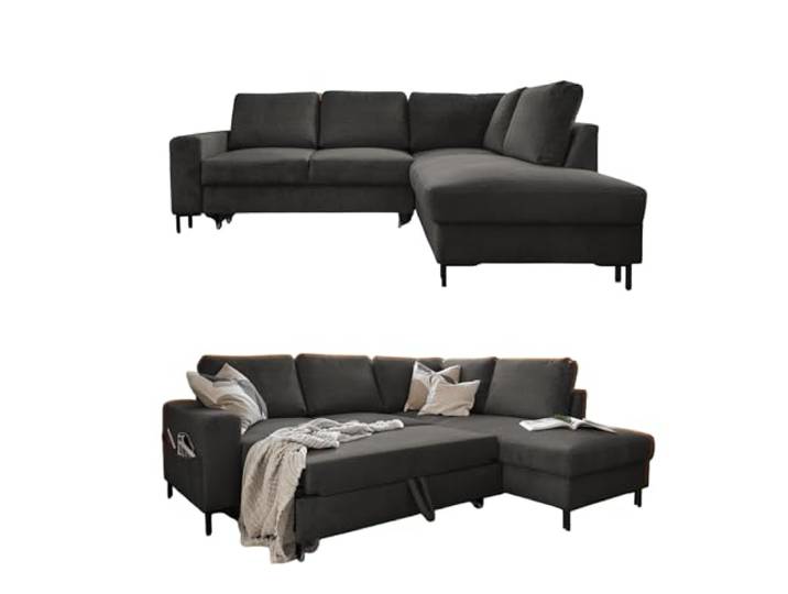 MIUFORM Lofty Lilly, 6er Ecksofa mit Schlaffunktion, Rechts, Grau Kord Sofa mit Schlaffunktion, Schlafsofa mit Bettkasten, Ecksofa L-Form, 237x197x84cm, Couch mit Schlaffunktion, Sofa Bed