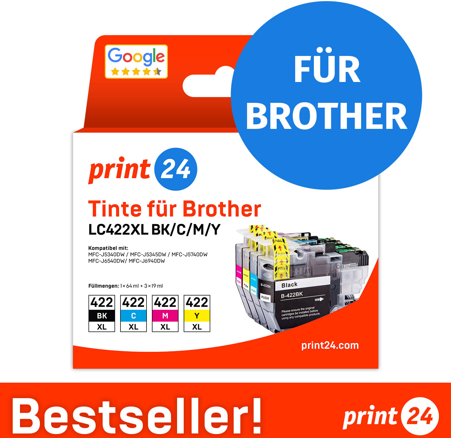 print24 Tintenpatronen für Brother LC422XL, Multipack (BK/C/M/Y), 1 Stück