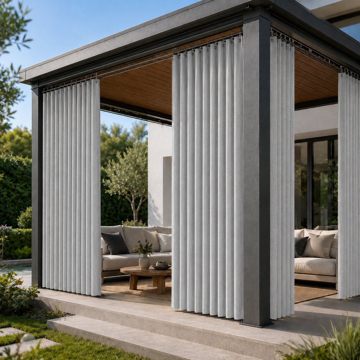 MUPOO Buitengordijn Linnenlook Grijs - Waterdicht & Verduisterend - 2 stuks - B/H: 214 x 254 cm