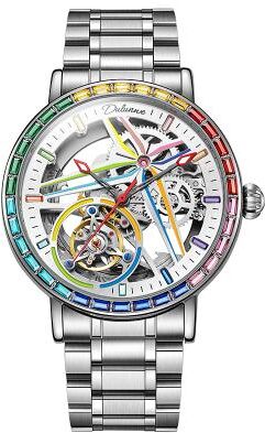 Fashion Sheath Rainbow Colored Gemstone Tourbillon Skeleton Automatic Mechanical Watch For Men steel Silver White