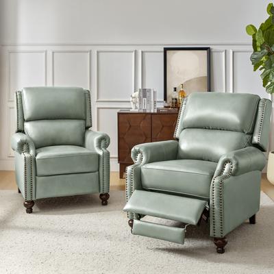 HULALA HOME Gabriela Mid-Century Modern Genuine Leather Recliner with Tapered Block Solid Wood Feet Set of 2