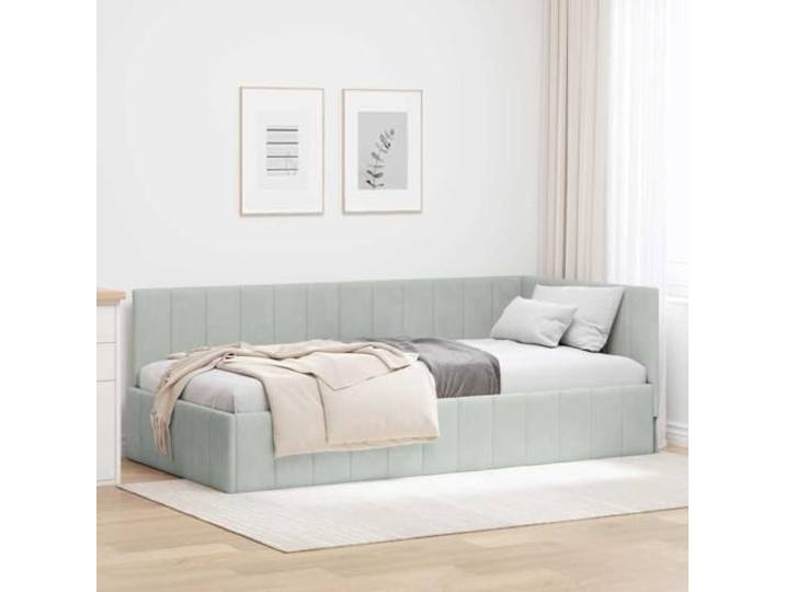RJPLMFV Eckbettgestell, Hellgrau, 90 x 190 cm, Velours Kompaktes L-Design, atmungsaktiver Stoff, Konstruktion aus Sperrholz, anpassbares Kopfteil