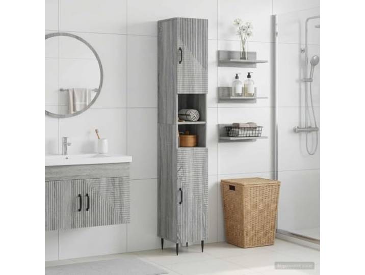 YUTAASU Badschrank Mit Ablage Sonoma Grau Kompakt Holzwerkstoff Feuchtigkeitsbestaendig, Umkehrbare Tuer, Offenes Regal, Modernes Design