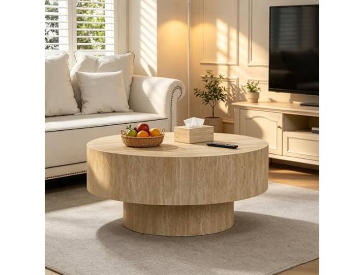 FeiZhiYanS Runder Couchtisch aus Travertin fürs Wohnzimmer, Kleiner runder Couchtisch im Mid-Century-Modern-Stil, zeitgenössischer minimalistischer Unikattisch für kleine Büros,A