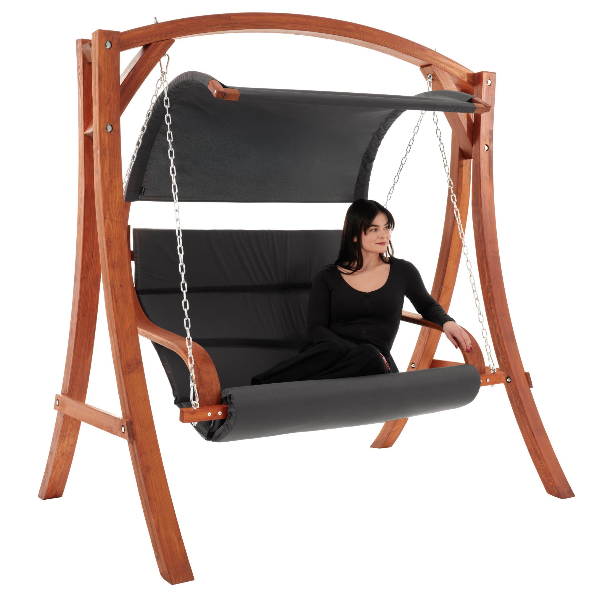 di volio Hollywoodschaukel Pergia grau, Gartenschaukel aus Holz, Outdoor Hängesessel mit Gestell für 2 Personen, mit Sonnendach, wetterfest & robust