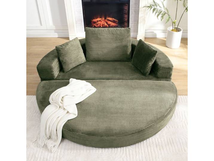 Lit banquette pliable 173 x 176 cm canapé semi-circulaire 3 coussins velours côtelé vert