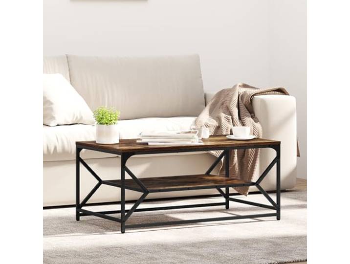 HEFZGDB Couchtisch mit Ablage Räuchereiche 90x50x40 cm Holzwerkstoff Stahlrahmen Industrie-Style Wohnzimmertisch