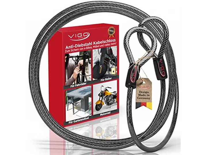 VIGO SPORTS® Panzer Stahlseil mit Ösen [2m] I 10mm starkes Kabelschloss zum Schutz deines Fahrrad, Grill, Gartenmöbel oder Kinderwagen vor Spontan Diebstahl I Witterungsbeständig und Langlebig (10Stk)