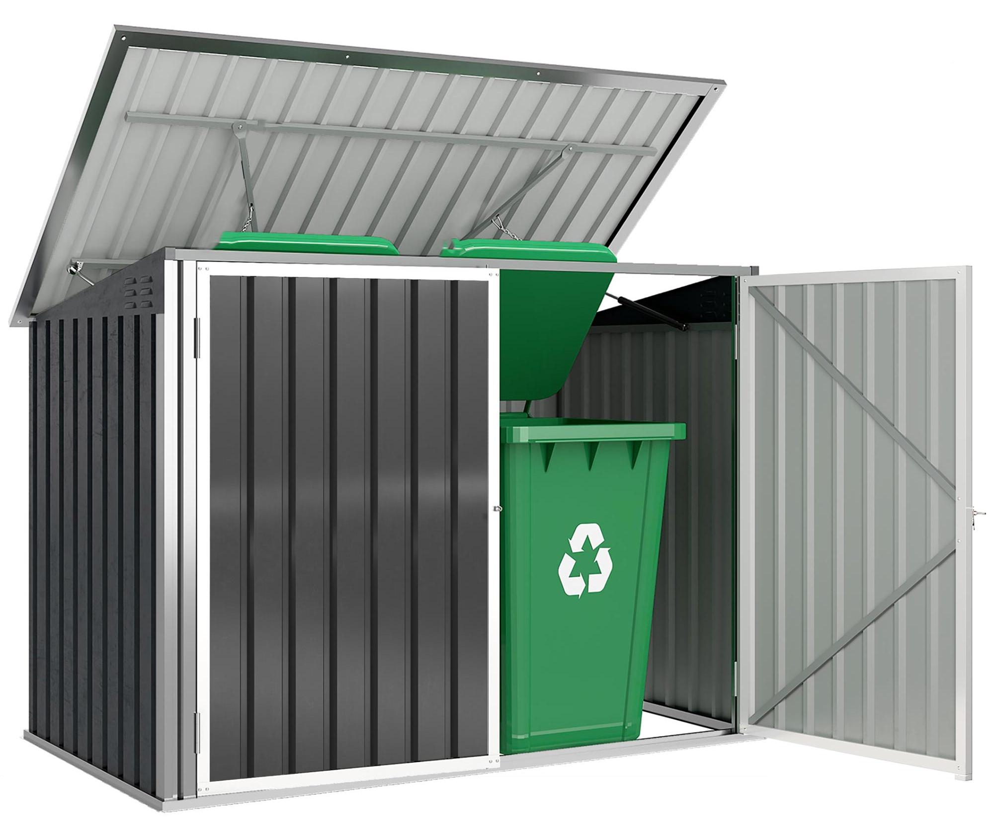 Mülltonnenbox für 2 Mülltonnen aus verzinktem Stahl Müllbox mit Klappdeckel Gasdruckfeder Doppeltür Belüftungsöffnungen