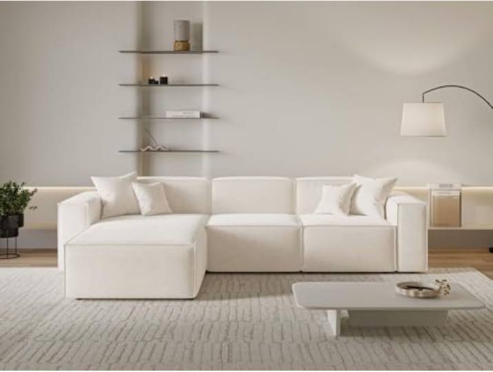 GRAINGOLD Arizona Ecksofa 265x180 cm, L-Form Sofa, Ecksofa für Wohnzimmer, Velour-Stoff, 3-Sitzer Eckcouch, Modernes Design (Creme, Links)