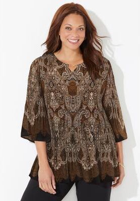 Plus Size Women's Affinity Chain Pleated Blouse by Catherines in Neutral Paisley (Size 2XWP)