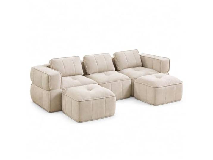 Jastoery 3-Sitzer U-förmiges Modulsofa mit 2 Hockern, ohne Gestell,Beige Polyestergewebe, 32D-Hochdichteschaumstoff, rutschfeste Standfüße, inkl. 2 Hocker, modulares System, ohne Gestell, Wohnzimmer