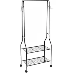 Relaxdays Rollgarderobe, mit 2 Ablagen f. Schuhe, Taschen, Accessoires, Haken, Metall, stabiler Kleiderständer, schwarz