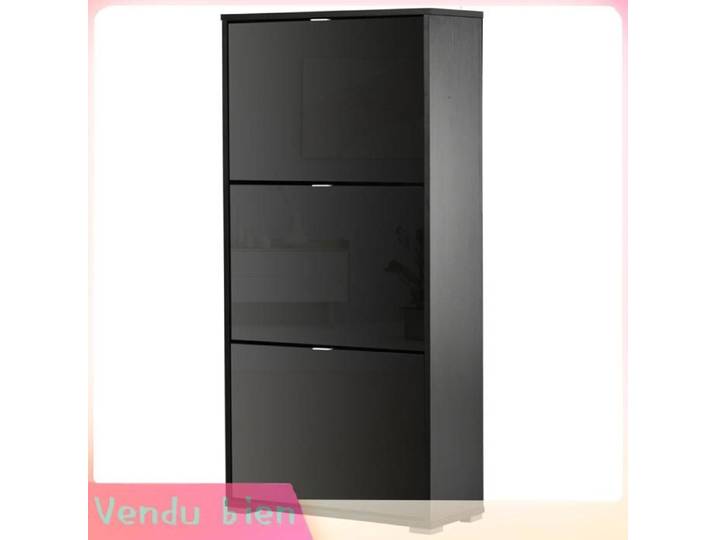 LIA Meuble chaussures 3 portes abattantes 3 compartiments bois noir laqué 60x26x124cm