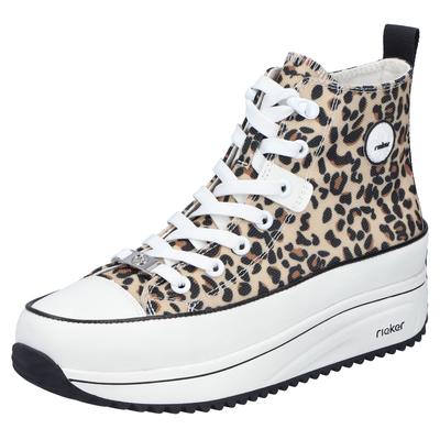 Plateausneaker RIEKER, Damen, Gr. 37, beige (leo, natur), Lederimitat, Textil, Schuhe Plateausneaker, High Top-Sneaker, Schnürboots in bequemer Form