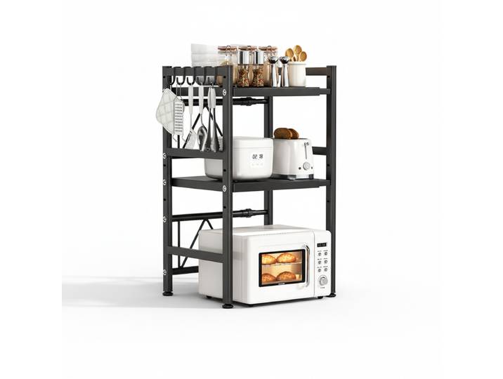 Maxcook Étagère pour micro-ondes à 3 niveaux, extensible, pour plan de travail, rangement d’ustensiles et de vaisselle, acier au carbone, étagère sur le micro-ondes avec 5 crochets, MCZW2614