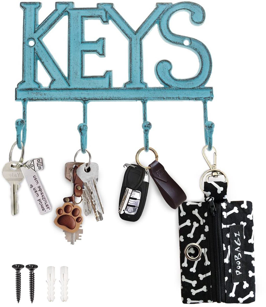 SnelShoppen Keys Wandgemonteerde Sleutelhouder - Decoratief Gietijzeren Sleutelrek met 4 Sleutelhangers - Rustiek Blauw