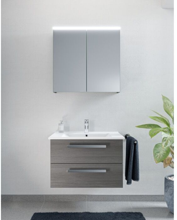 Premium Artiqua Serie 843 Badmöbel-Set mit Spiegelschrank 75 cm 843B237526 Waschtisch mit Unterschrank, weiß hochglanz