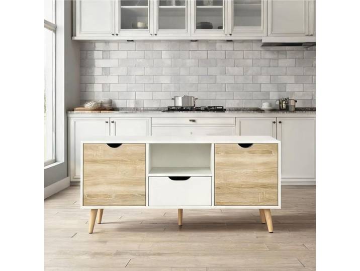 Meuble TV design blanc 110 cm avec rangement fermé et compartiment ouvert