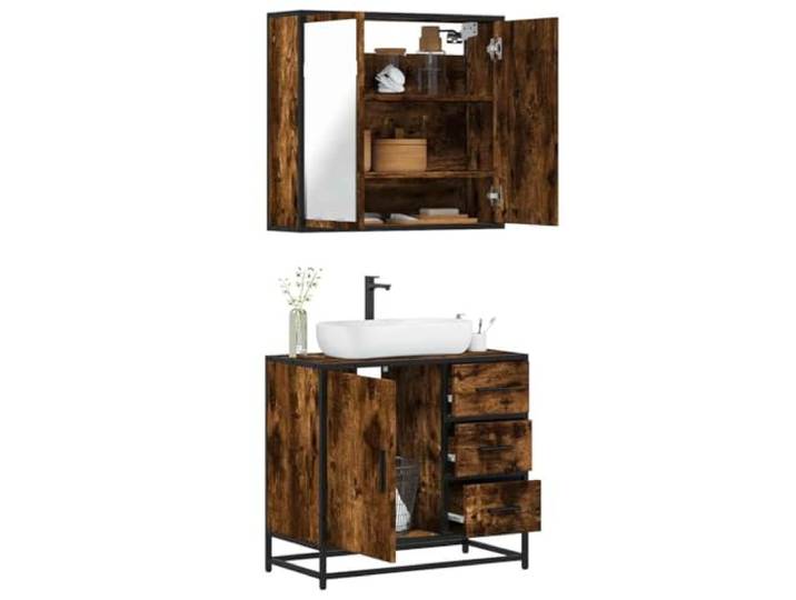 HWKQEQRF 2-TLG. Badmöbel-Set Räuchereiche Holzwerkstoff Metallgestell, Lowboard, Waschbeckenunterschrank, Spiegelschrank, Wandmontage, Stauraum, Bad