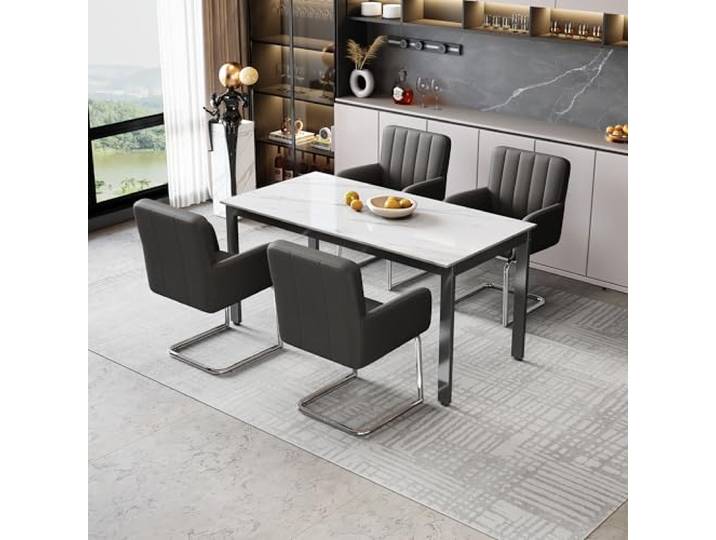 YAIXBNG 4er Set Esszimmerstühle mit vertikalen Streifen,Gepolsterter Sessel mit zickzackförmige Metallbeine,Lounge-Stuhl,Wohnzimmerstuhl,Kunstleder,Schwarz